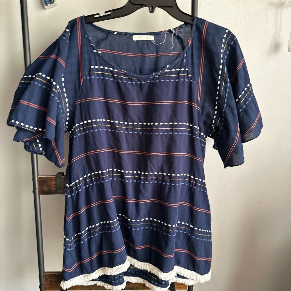 Michael Kors Navy Blouse with Red and White Stripes